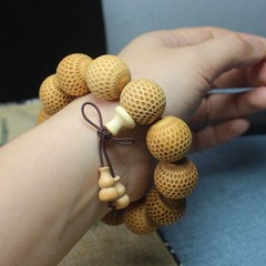 Handcrafted 20mm Chinese Cypress Wood Buddhist Bead Couple’s Bracelet