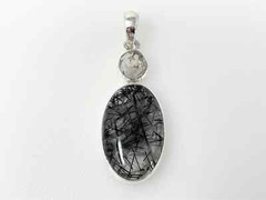 Black Rutile Rutilated Quartz and Herkimer Diamond 925 Sterling Silver Pendant