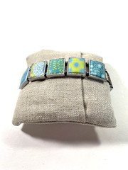 Jilzara Stretch Bracelet Handmade Artisan Clay Beads Aqua & Green Silver Tone