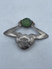 Art Nouveau Sterling Signed Female Nude w Green Glass Cabochon Abstract Estate