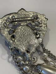 Steampunk OOAK Brooch Pin Clock Parts Rhinestone Dangle 4” long Goth