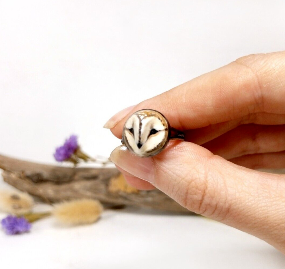 Owl Ring Handmade Barn Owlet Face Clay Creature Unique Hand-Painted Jewelry