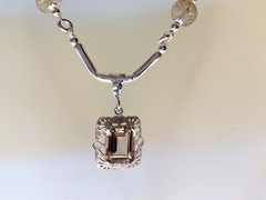SS .925 IMPERIAL TOPAZ NECKLACE 10X8M EMERALD CUT PENDANT & 8.5MM RONDELLES RARE