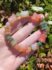 Natural Double Lotus Agate Bracelet Carved Floral Gemstone Stretch 6.5″