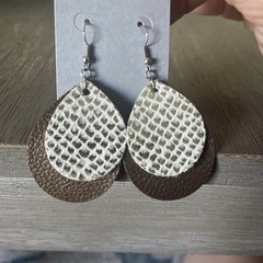 Handcrafted Layered Faux Leather Teardrop Dangle Hook Earrings Brown White Gold