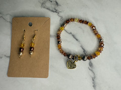 handmade beaded earrings and bracelet set brown, yellow and gold tone heart