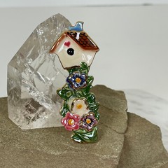 DAMAGED Handmade CERAMIC BIRDHOUSE FLOWER Brooch Gardener Gift Garden Bird Lover