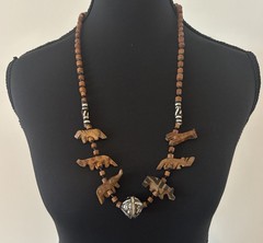 Vintage African Hand Carved Wooden Safari Jungle Animals Beaded Tribal Necklace