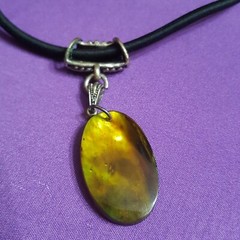 Hand Made Black Cord Choker Necklace w Beautiful Oval Green Gold & Brown Pendant