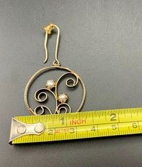 Artisan Crafted Gold Tone & Genuine Pearls Hoop Dangle Drop Earrings Scrollwork