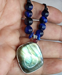 Labradorite with 8 mm Blue Tiger eye beads, adjustable, hand braided Necklace.
