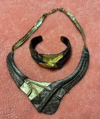 Vintage handmade, leather, metallic cuff, bracelet, and necklace Set Jewelry