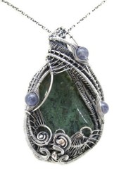 Moss Agate Pendant in Sterling Silver with Iolite