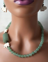 Elephant Carved Green Aventurine Elephant Asian Inspired Necklace Earring Set