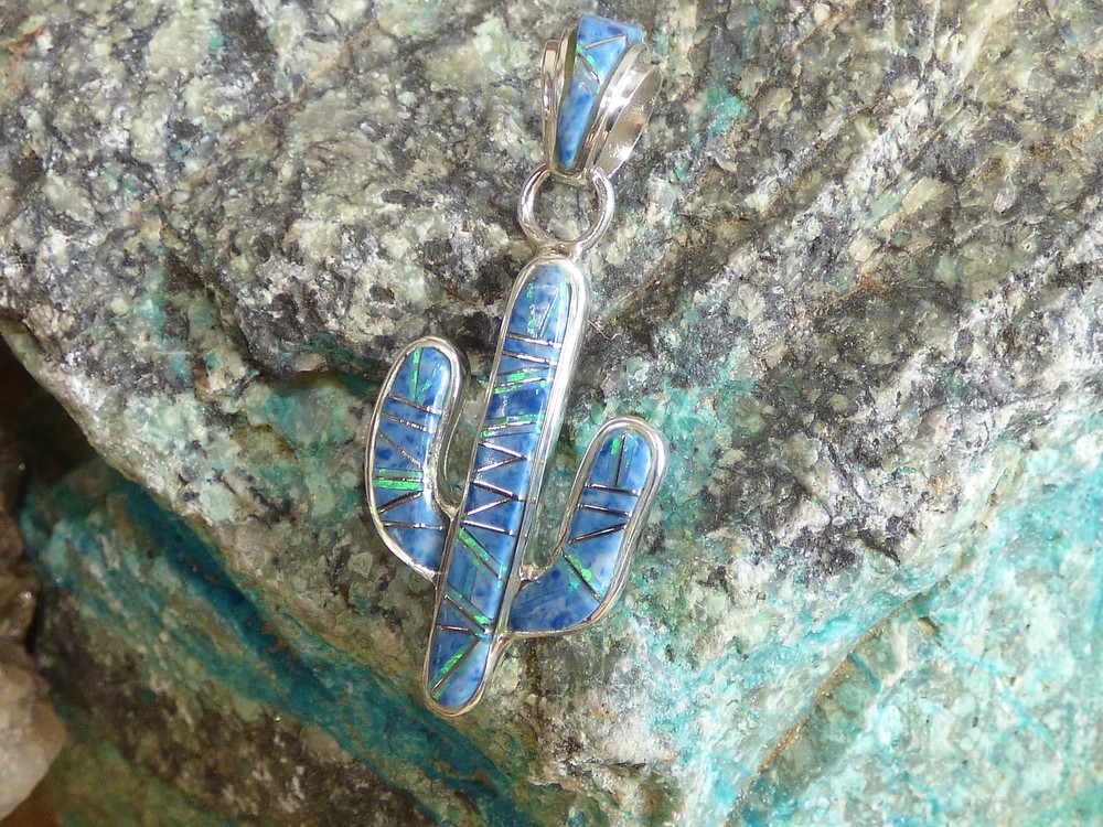 Southwest Saguaro Cactus Sterling Silver Denim Lapis Opal pendant handcrafted