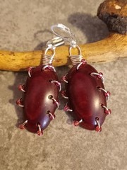 UNIQUE DARK PINK RESIN HARDWOOD/SILVER WIRE WRAP/PINK SEED BEAD EARRINGS