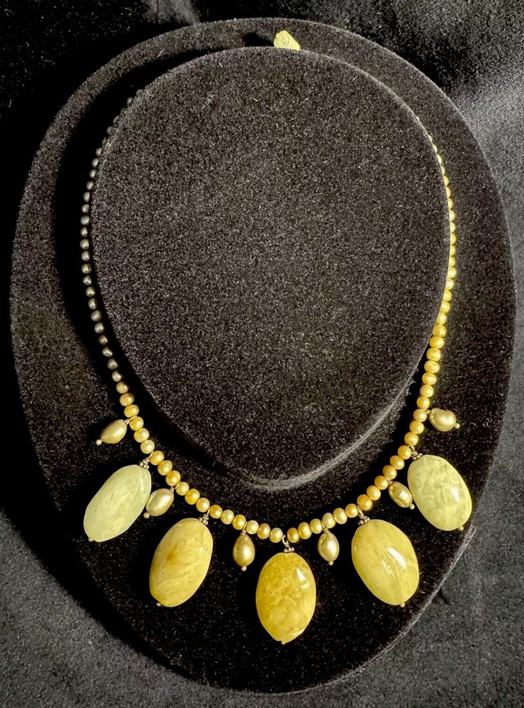 Vintage Handmade Yellow Aventurine Stone Bead Natural Golden Pearl Necklace