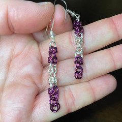 Purple & Silver Tone Byzantine Weave Chainmaille Earrings, 2.25 in.