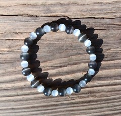 Glass Cat’s Eye Charcoal Gray & Selenite White Stretch Bracelet w/ 8 & 6mm Beads