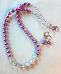 FACETED CRYSTAL LAVENDER glass pearl SP necklace set LEVERBACK