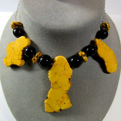 Chunky Statement Necklace Sterling Silver 925 Black Onyx Yellow Rock Stones 18in