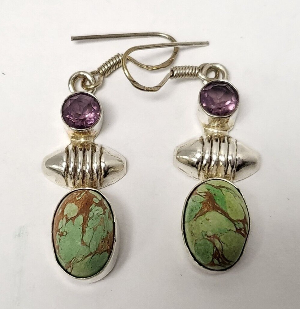 STERLING SILVER TURQUOISE & AMETHYST DANGLE EARRINGS 1 1/2″X5/8″