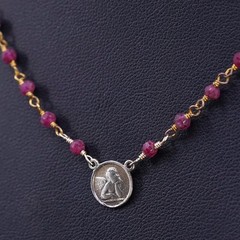 16”, vermeil gold over 14/20 14K gold Indian Ruby necklace guardian angel