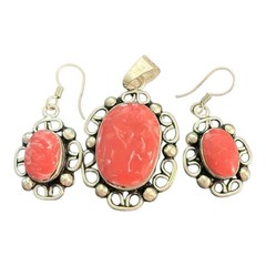 Mexico Branded Silver Necklace Pink Coral Cabashon With Matching Earrings NWOT