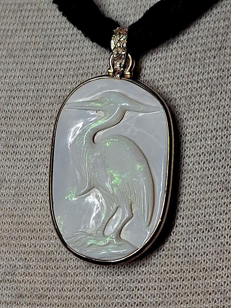 Australian White Opal Hand Carved Heron Pendant On Black Velvet Choker 14/20 GF