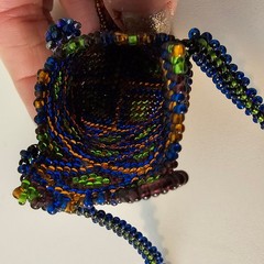 Vintage Artisan Fringed Tribal Seed Bead Necklace Pouch Diamond Pattern