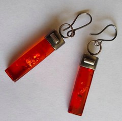 High-quality, ultramodern, handmade silver & reddish brown amber earrings-2.5″ L