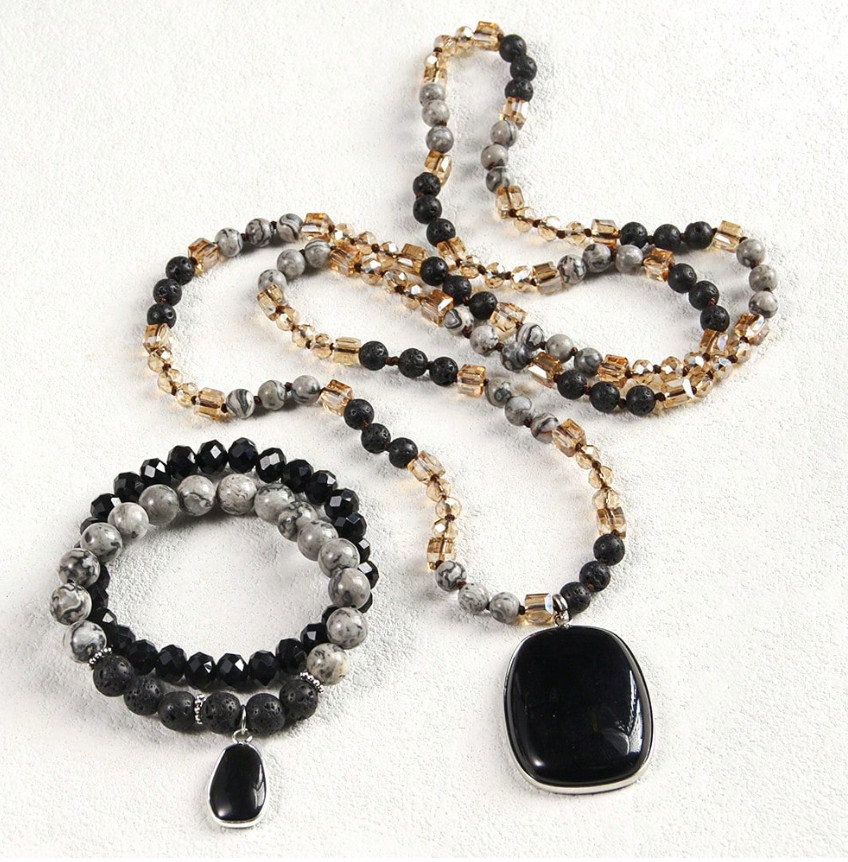 Obsidian, Jasper, Lava Rock & Glass Bead Necklace & Bracelet Set – 18.5″ Black