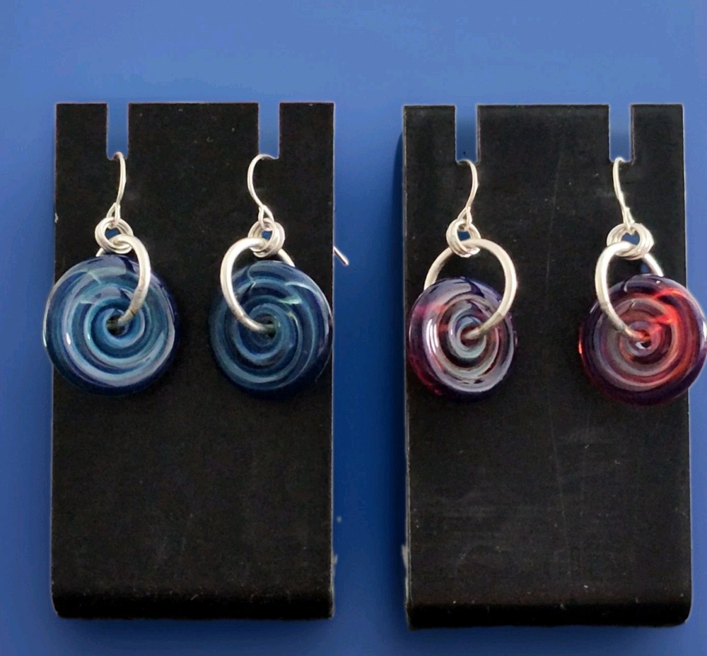 Two Pairs Sterling Silver 925 Boho Art Glass Disc Earrings – Blue And Purple