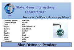 RARE 6 Ct Certified Blue Diamond Pendant Necklace-FREE Diamond studs.Free Tariff