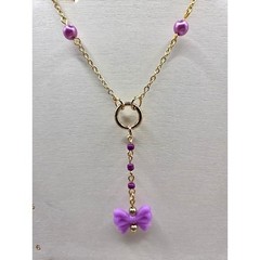 Handmade Necklace Gold Toned Purple Faux Pearl Bow Lariat Heart Y-Shape