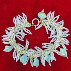 Handbeaded 7″ Bracelet Leaves And Fringe Light Blue Green Lampwork Bead