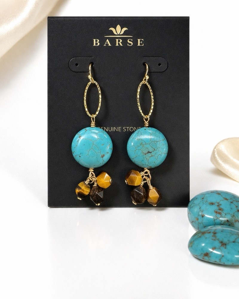 Barse Turquoise & Tiger’s Eye Dangle Earrings Gold Tone Genuine Stone Boho NWT