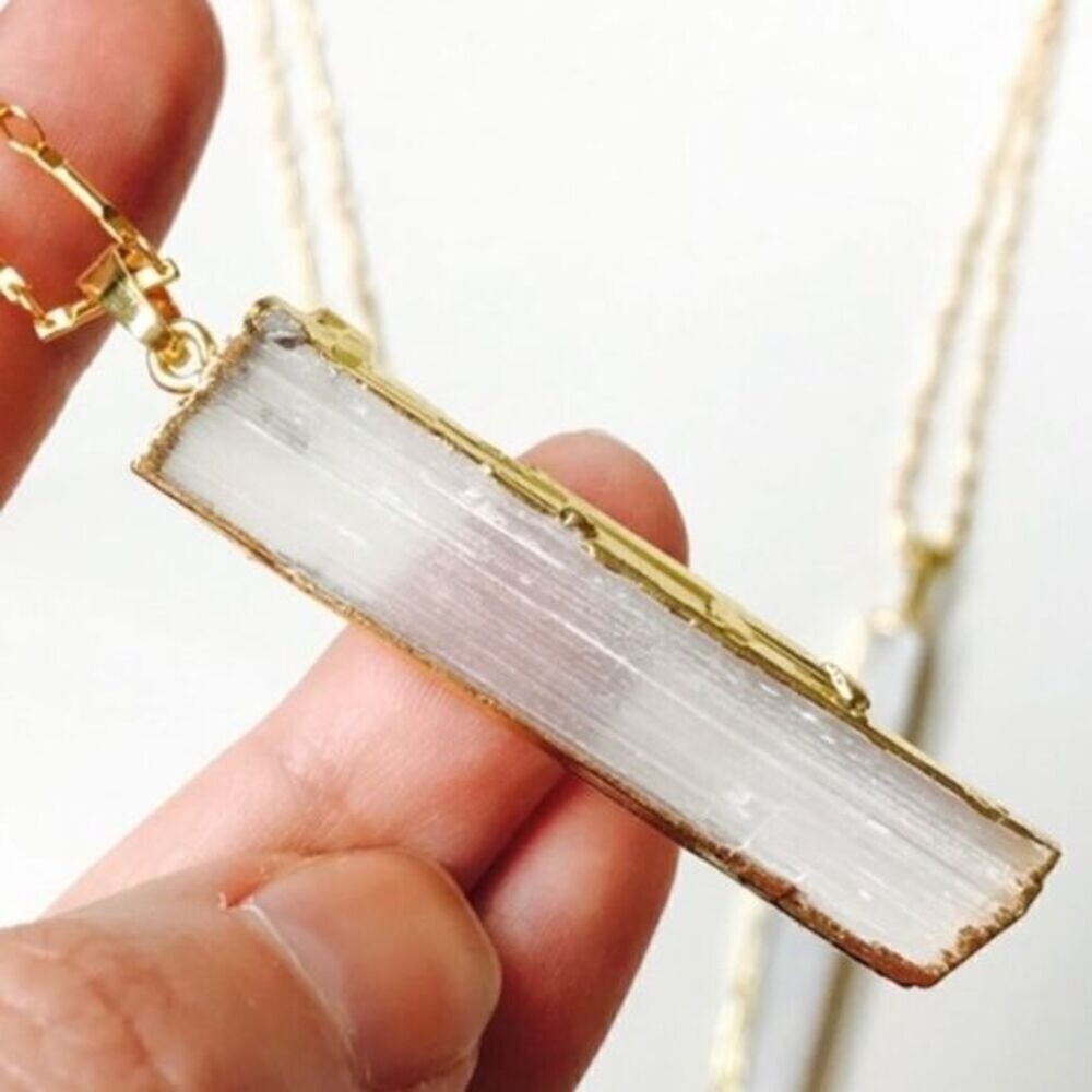 Gold Dipped Selenite Crystal Stick Necklace