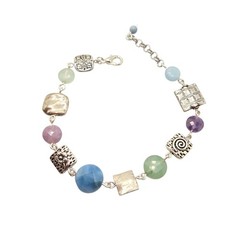 Boho Colorful Artisan Multi Gemstone Silver Link Bracelet Blue Purple Green Mix