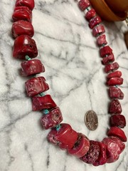 Genuine Red CORAL VERTEBRAE BRANCHES & TURQUOISE Necklace- Sterling Silver Clasp