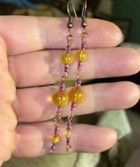 Earrings Artisan Copper Wire Wrap Handmade Gold & Purple JMes Jewelry gift