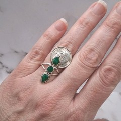 Triple Stone Emerald Ring Size 8.25 Sterling Silver Southwestern Style