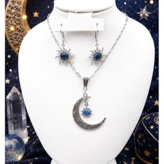 Handmade Celestial Moon & Blue Sun Necklace with Matching Earrings Jewelry Set