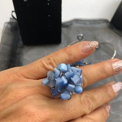 Hawaiian Jewelry Design Blue & Silver 3-piece Bracelet Cluster Ring Earring Set