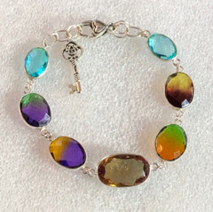 Silver MultiColor Simulated Gemstone BiColor Ametrine Bracelet Key Charm 7623