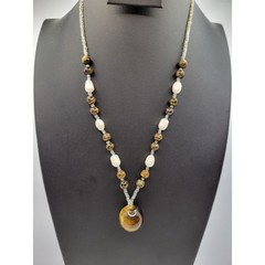 Vintage Tiger’s Eye Freshwater Pearl Necklace Sphere Ball Seed Beads Y Pendant