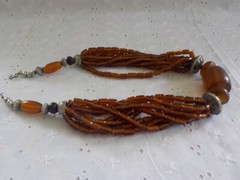 Brown Glass Tube & Resin Bead Necklace Silver Tone Metal Multi Strand