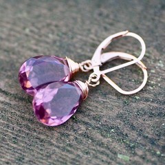 Handmade Wire Wrapped Kunziite Earrings 14k Rose Gold Filled , Lab Made Gems