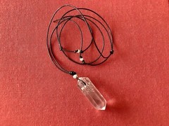 Quartz Crystal Point Pendant with Black Leather Cord Adorned with S.S. Beads.