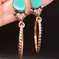 Royston Turquoise Copper Hoop Dangle Earrings Statement Southwestern 2″ Drop